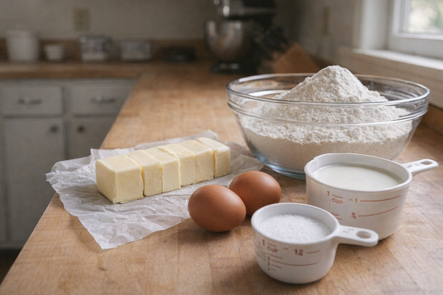 Ingredients for the cake laid out on a counter. Focus on butter, eggs, flour, and measuring cups. Soft, natural lighting.